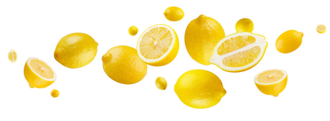 Whole and halved lemons fly through space, forming a loop-like figure. Isolated on white. © pavel_812
