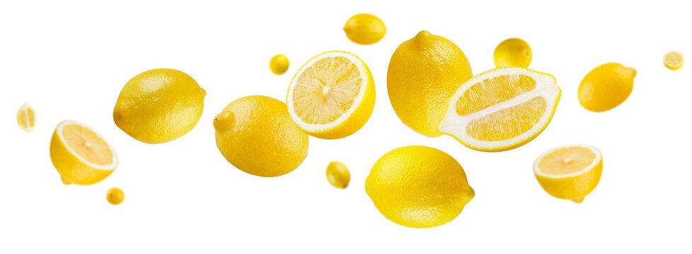 Whole and halved lemons fly through space, forming a loop-like figure. Isolated on white.