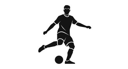 Vector illustration of a male football player kicking a ball during a game, dynamic pose, silhouetted figure on a white background, sporting action