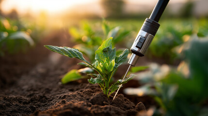 Soil moisture sensor probe inserted in agricultural field to determine optimal irrigation farming technology innovation precision agriculture equipment crop management tool wat