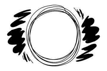 A bold hand-drawn scribbled circle frame is flanked by energetic, abstract black brushstroke shapes on a clean white background, creating a dynamic design.