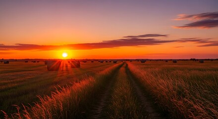 Obraz premium Serene sunset over a vast open field with a dirt road leading to the horizon