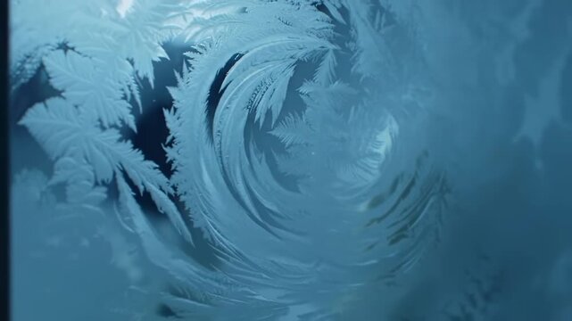 Frost patterns cover a window with intricate icy designs