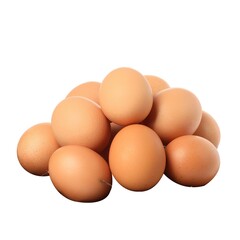 Group of fresh brown chicken eggs stacked together in a pile, isolated on a clean white background. Natural organic farm eggs representing protein nutrition, grocery food item, breakfast ingredient