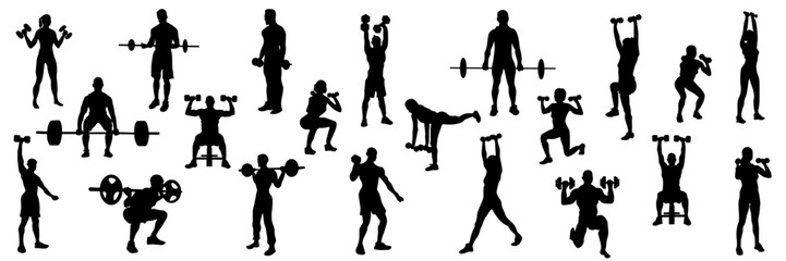 Fitness and Gym Silhouettes Set &ndash; Athletes Training with Weights Vector Collection