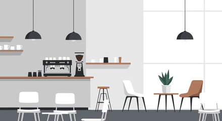 Fototapeta premium Modern coffee shop interior with minimalist design and essential brewing equipment.
