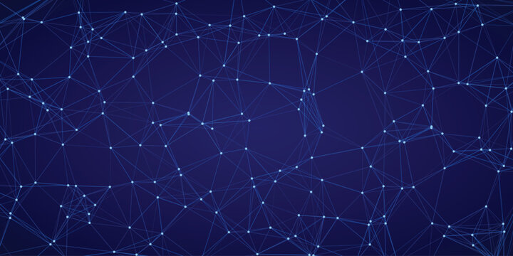 Blue interconnected geometric network of points and lines forming a complex digital mesh on a dark navy blue gradient background abstract science technology concept