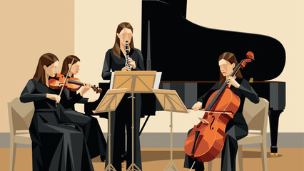 classical string quartet playing music with violin cello clarinet and piano in geometric style