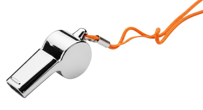 Silver whistle with orange cord isolated on transparent background