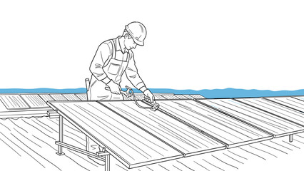Naklejka premium manual worker hand drawn male carpenter on wooden floor using stapler tool in line art style