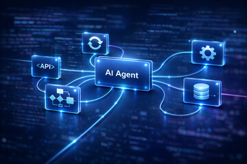 Obraz premium AI Agent System Illustration – Technology, Digital, Futuristic, Data, API, Gear, Database, Synchronization, Flowchart, Innovation, Modern, Abstract, Conceptual, Banner Design, Template, Social Media