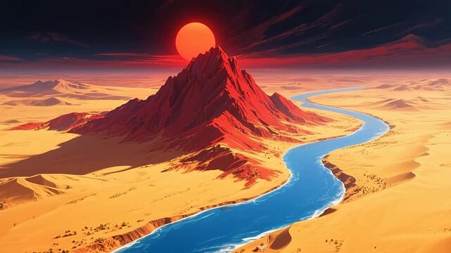 RedMountainandSunOverDesertRiver