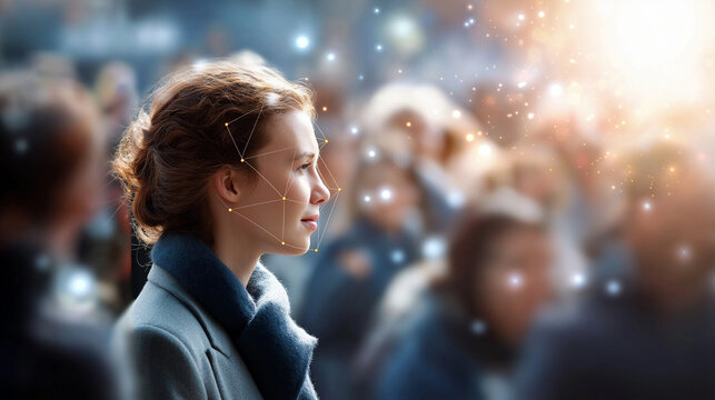 Faceless young woman identified by facial detection or recognition software several other faces detected in crowd of people in background biometric identification technology pub