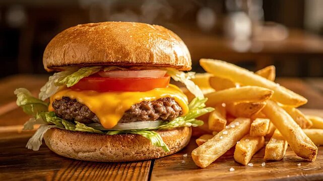 A cheeseburger and french fries presented on a wooden table