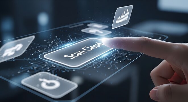 A hand touching a glowing button that says scan cloud on a futuristic interface
