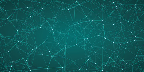 Intricate teal network connections and nodes forming a complex geometric web pattern on a dark gradient background symbolizing connectivity and digital information