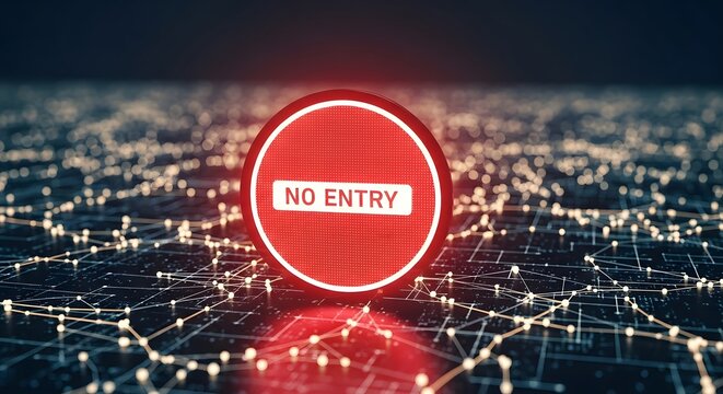 Red no entry sign on dark background with glowing digital network connections