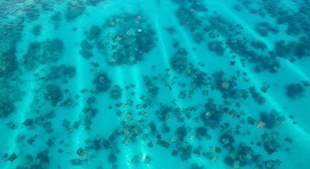 A vibrant underwater scene showcasing a coral reef with various types of coral and marine life in the clear blue ocean water.
