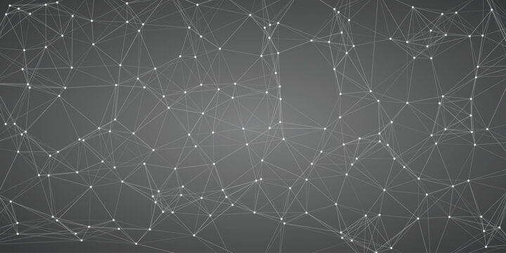 Monochromatic abstract network of white nodes and lines on a grey gradient background representing interconnected data and technological structures