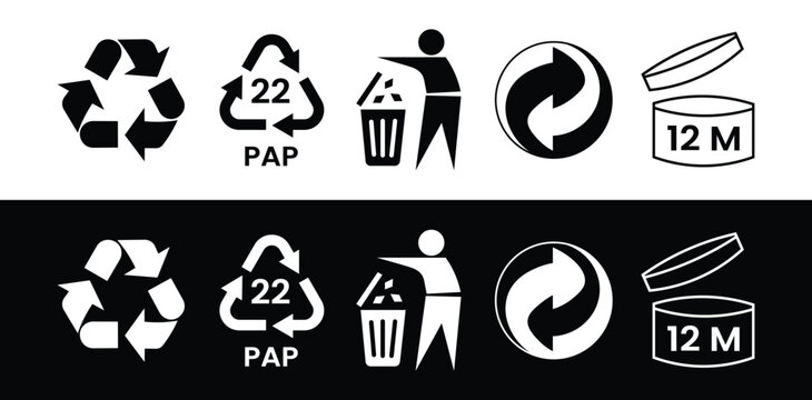 Recycling and Packaging Symbols Set &ndash; Recyclable Icon, PAP 22 Paper Code, Green Dot, Trash Bin, 12M Open Jar Cosmetic Symbol, Environmental Labels Black Vector Isolated on White