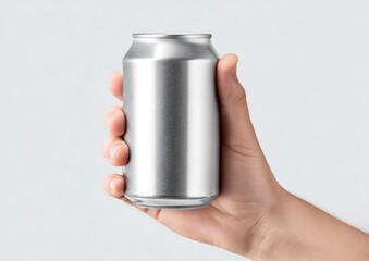 A hand holds a silver metallic cylindrical can against a neutral gray background