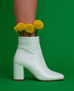 A close-up of a woman's leg in a white ankle boot with yellow pompom flowers tucked into the top on a green studio background. Playful contemporary fashion still life with bold col