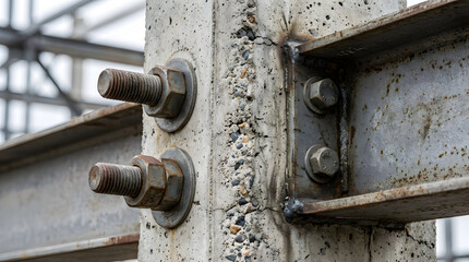 Detail of Steel Beam Connection to Concrete Column with Heavy Bolts and Nuts