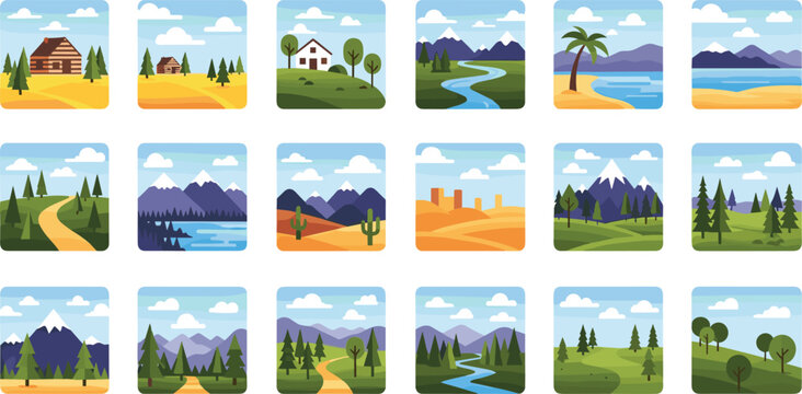 Flat nature landscape vector icon set featuring mountains forests deserts beaches and cabins for outdoor travel adventure and environment design themes.