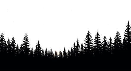 Fototapeta premium Striking black silhouette of dense evergreen forest trees standing against a gentle pastel gradient sky at dusk or dawn with faint visible stars.