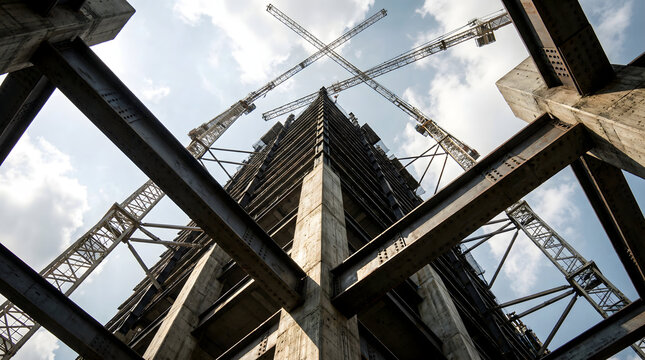 Low Angle View of Skyscraper Construction with Tower Cranes and Steel Frame