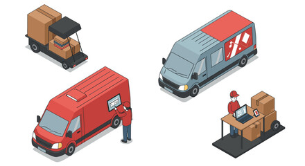 isometric delivery logistics vehicles and worker with packages hand drawn style illustration