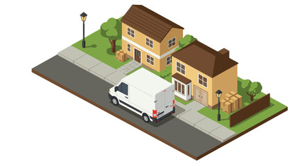 Obraz premium isometric suburban neighborhood scene with delivery van and houses in vector style