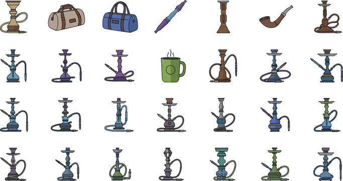 Hookah and shisha icons set with water pipes, smoking accessories, travel bags, tobacco pipes, and coffee mug in flat vector line art style for lounge cafe menus.