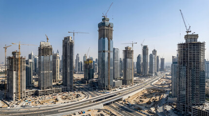 Fototapeta premium Panoramic View of Massive City Development with Multiple Skyscrapers and Cranes