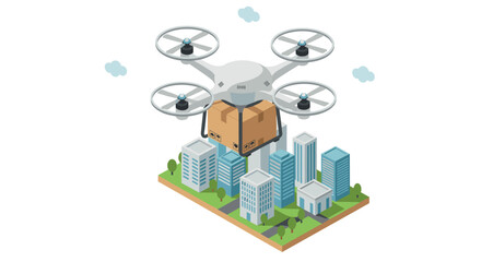 Obraz premium drone carrying cardboard box over city buildings isometric delivery and logistics concept