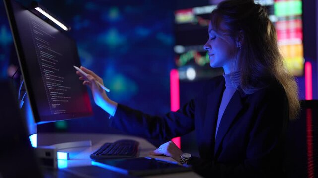 Fintech data scientist developing high-frequency trading algorithms on multi-screen setup. Financial analyst monitoring real-time cryptocurrency market volatility charts.