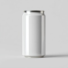 A tall, cylindrical white aluminum can, gleaming, with silver accents, against a neutral backdrop