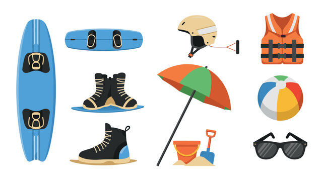 summer beach sports equipment collection with kiteboard life vest helmet and accessories in hand drawn style