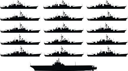 Warship silhouettes collection, naval military ships set, destroyer frigate cruiser and aircraft carrier vector illustration isolated on white background © MEHEDI