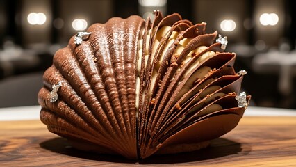 Exquisite chocolate dessert decorated with edible silver on wooden board