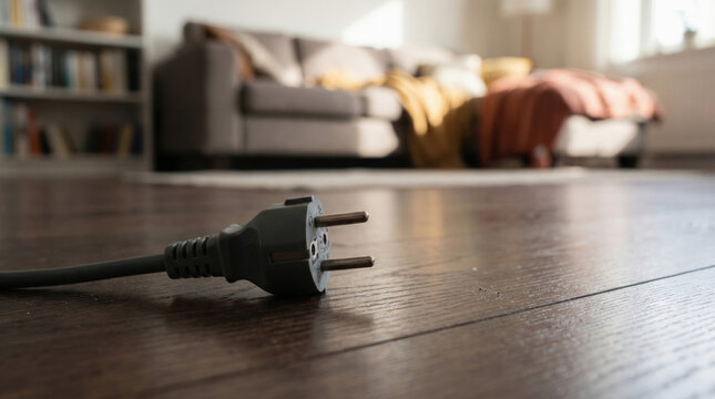 Unplugged power plug on wooden floor in living room suggests digital detox for mental recovery and peaceful home environment