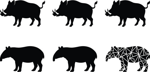 Wild animal silhouette collection featuring rhinoceros and hippopotamus in various poses, including geometric polygon style, black vector illustration set isolated on white background. © MdMurad
