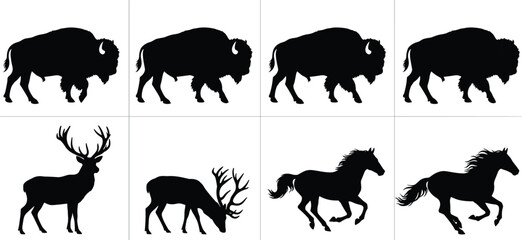 Wild animal silhouette collection featuring bison, deer, and running horse isolated on white background, black vector illustration set for wildlife design, logo, and graphic projects.