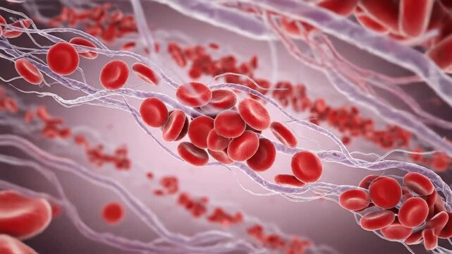 Human red blood cells and fibrin strands within a vessel