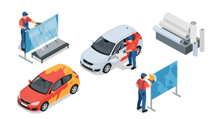 Naklejka premium isometric car wrapping service with workers applying vinyl film and colorful wrapped cars in vector illustration