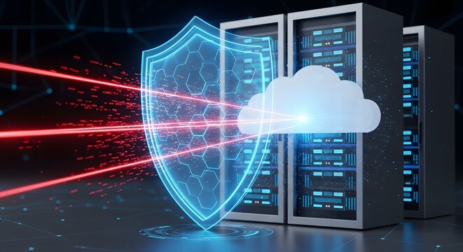 Server racks protected by digital shield from red laser beams in data center