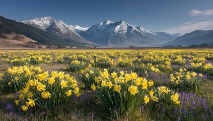 Fototapeta premium Field of vibrant yellow daffodils and purple flowers in a wide valley with snow-capped mountains