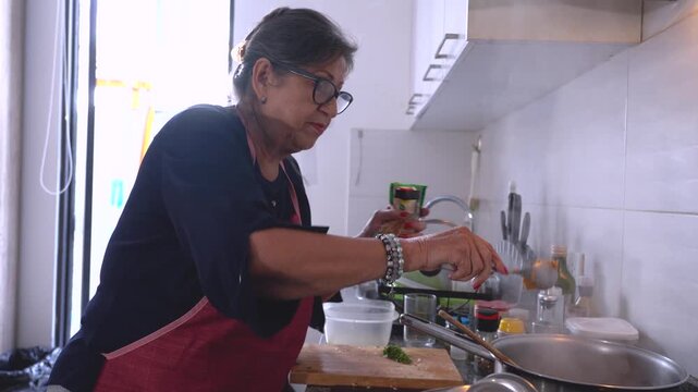 Elderly hispanic woman cooking in her kitchen