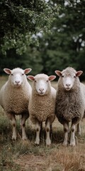 Fototapeta premium Three sheep standing in a field with green trees in background