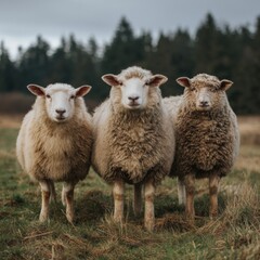 Three fluffy sheep in a pastoral field with forest background